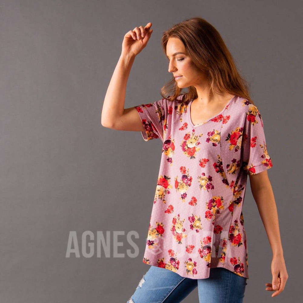 Agnes & Dora Love Top V-Neck Mauve With Red Floral Dots Soft Knit New With Tags